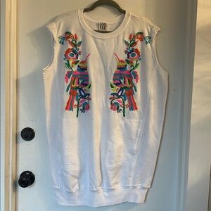 Sister Mary white tunic sweater dress sleeveless Embroidered pockets beach XS